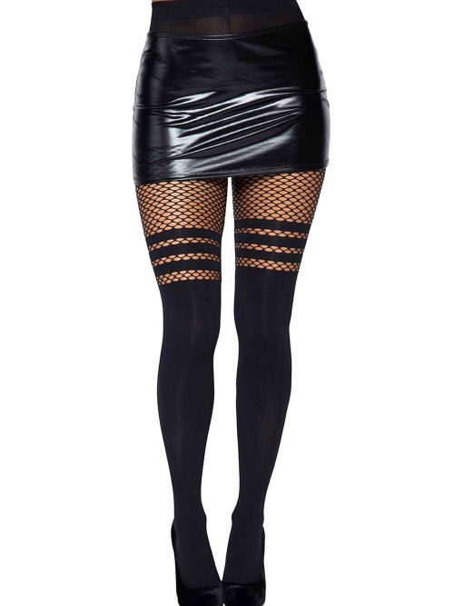 Seamless Opaque Pantyhose with Fishnet Stripe