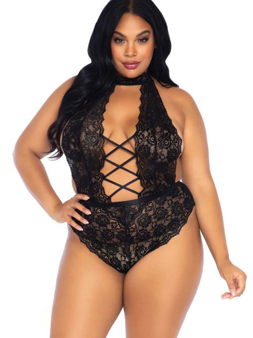 Plus High Neck Crotchless Teddy