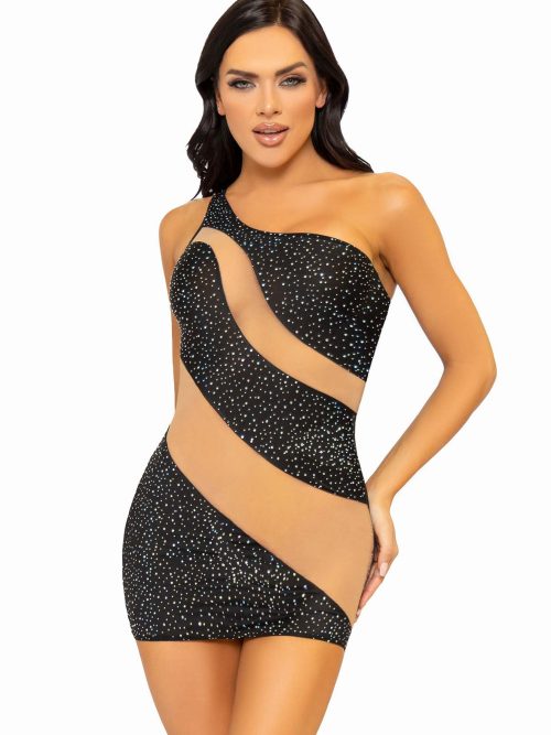 Rhinestone Mini Dress with Mesh Accents
