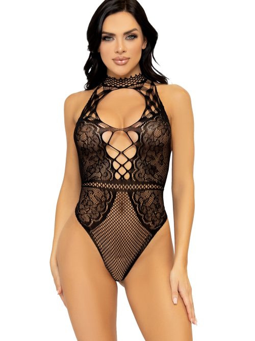 Net and Lace Keyhole Halter Bodysuit