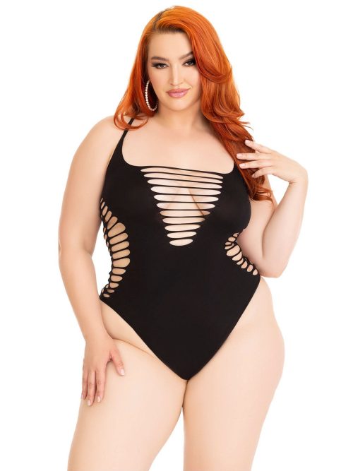 Plus Shredded Racer Back Thong Bodysuit