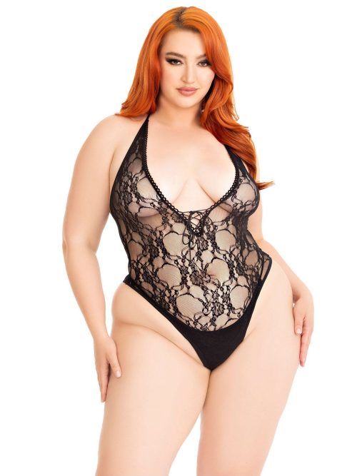 Plus Floral Lace Deep-V Teddy